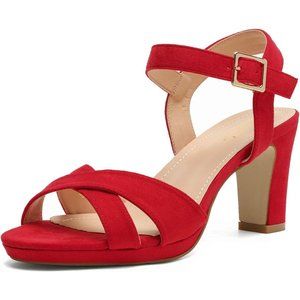 Women’s Open Toe Ankle Strap Sparkly Strappy Chunky Heel Pump red Sandals